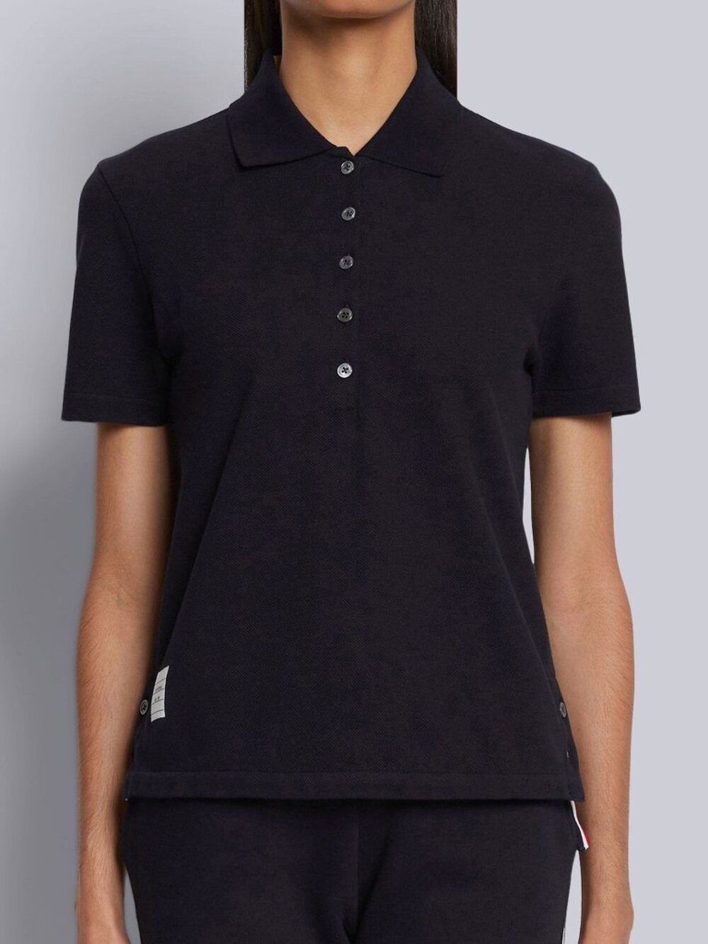 Thom Browne Navy Blue Pique Polo T Shirt Logo Tab RWB Stripe Back Red IT 40